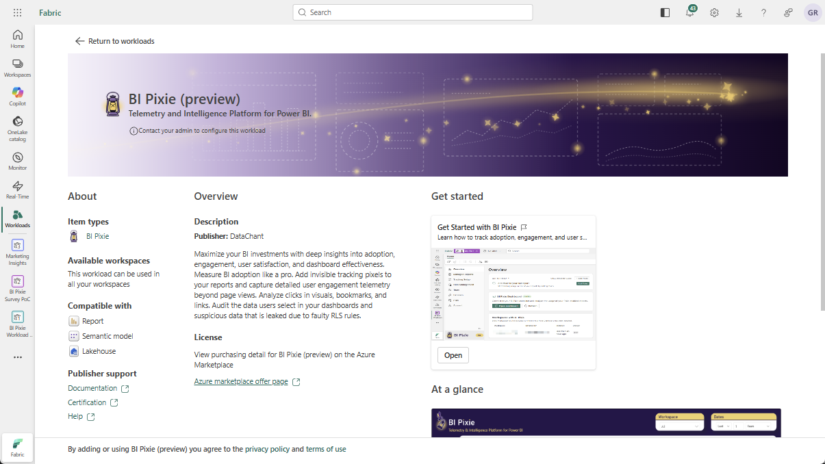 The BI Pixie listing in the Microsoft Fabric Workload Hub, showing the publisher (DataChant), the description, supported item types, and a Get started card.