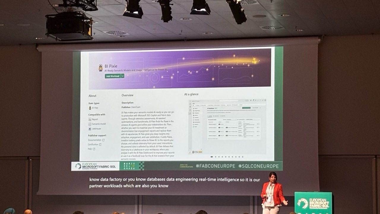A speaker on stage at FabCon Europe in Barcelona in front of a large screen showing the BI Pixie listing in the Microsoft Fabric Workload Hub, with its Add Workload button, its description, and a screenshot of a BI Pixie screen.