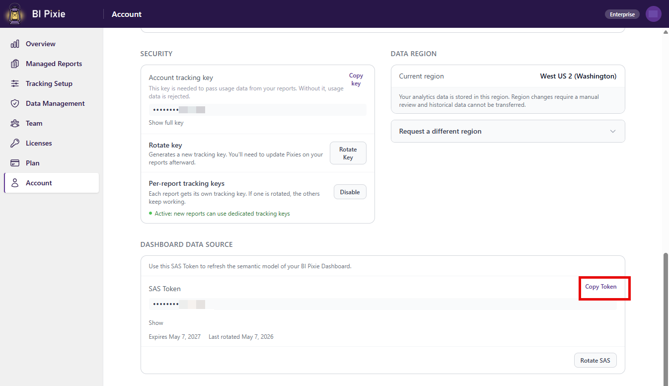 Account page with the Dashboard Data Source card showing the masked SAS Token, Show toggle, Expires and Last rotated dates, and Rotate SAS button; the Copy Token button is highlighted