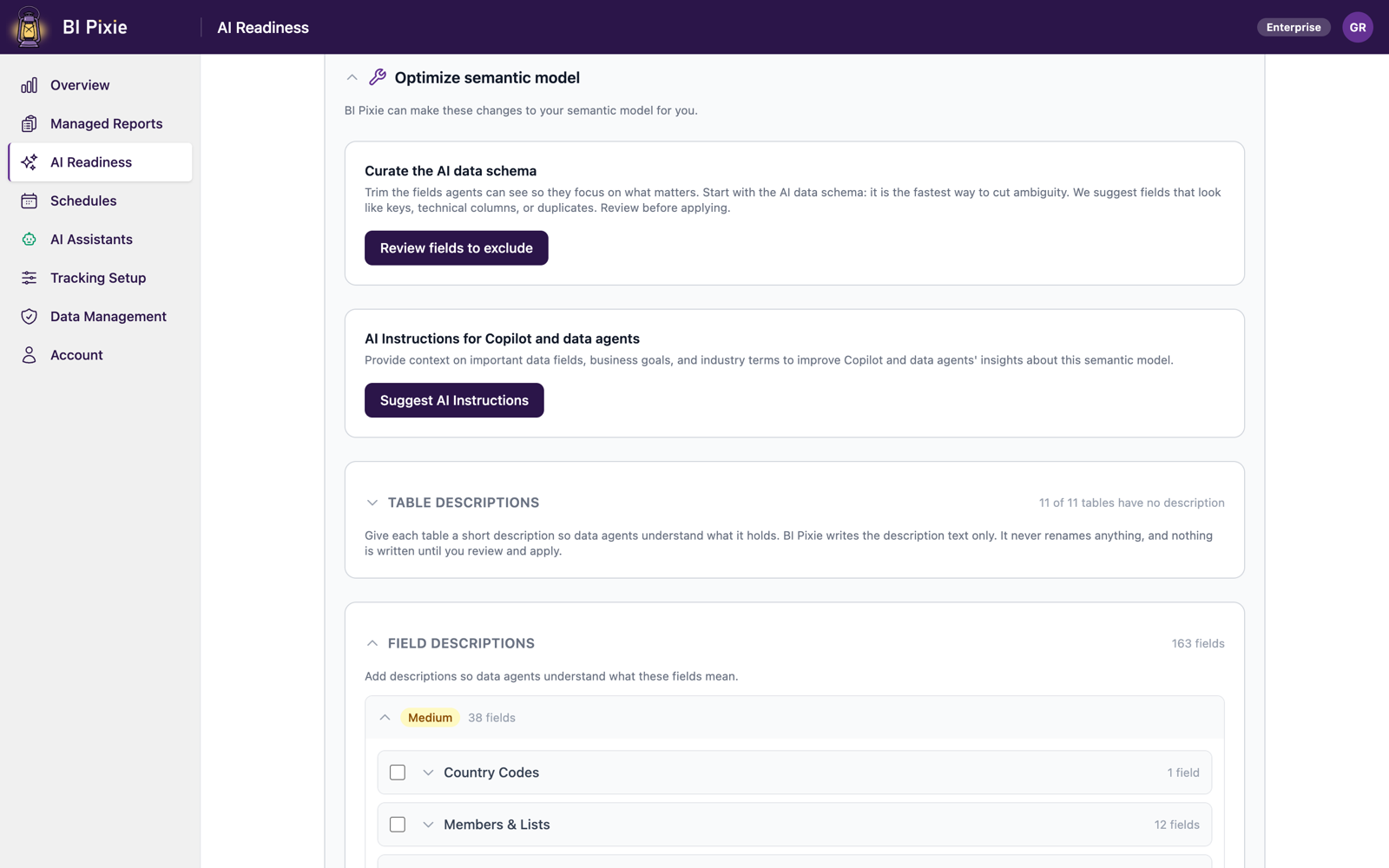 The Optimize semantic model card offering to curate the AI data schema, write AI Instructions, and add table and field descriptions