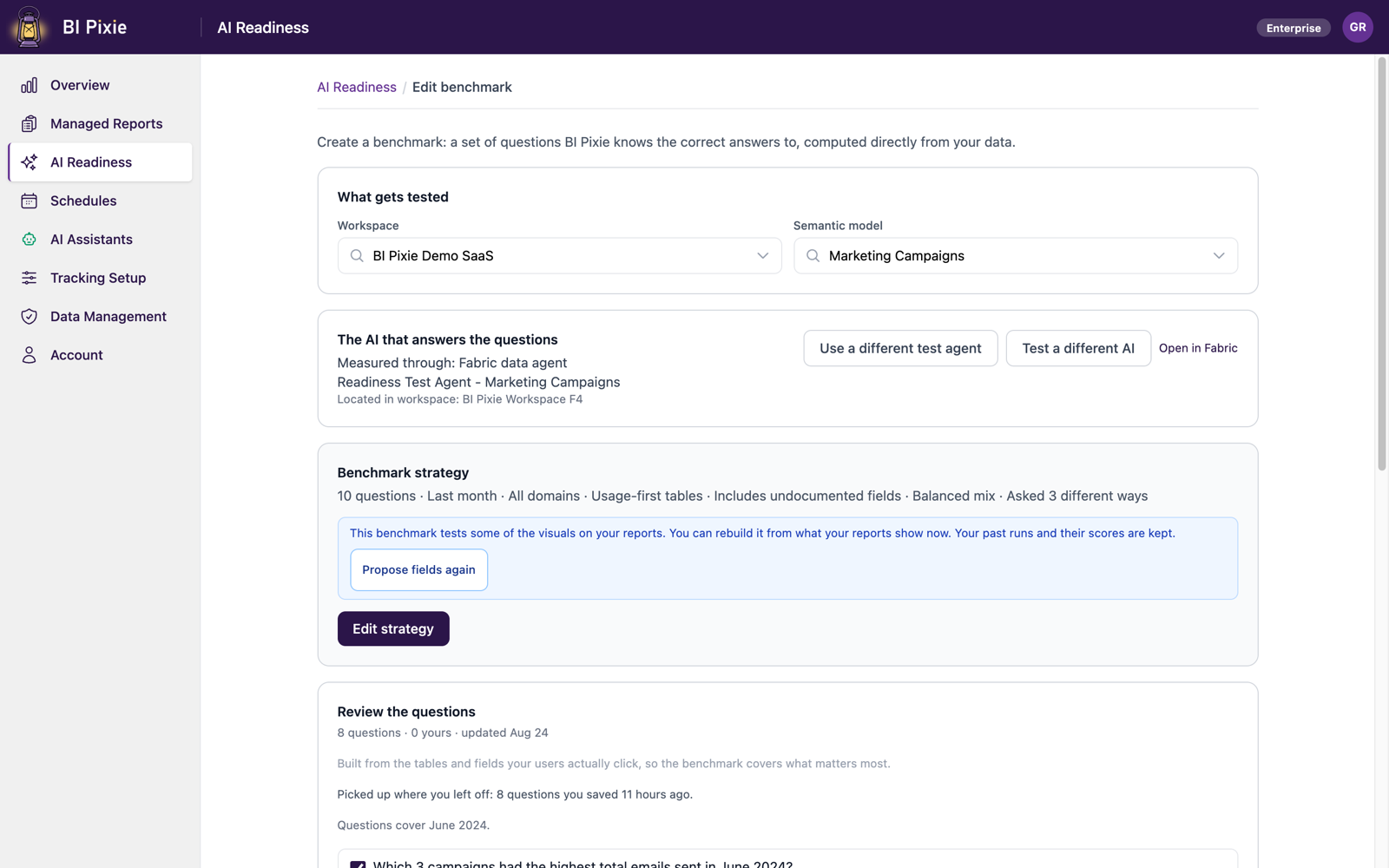 The benchmark editor showing what gets tested, the AI that answers the questions, the strategy summary, and the saved questions