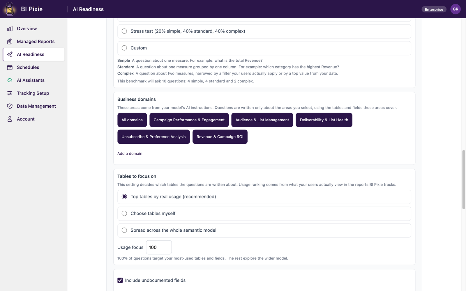 The strategy settings for business domains and for focusing questions on the tables your users actually view