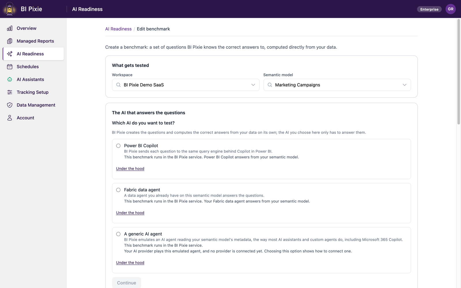 The choice of which AI to test, offering Power BI Copilot, a Fabric data agent, and a generic AI agent