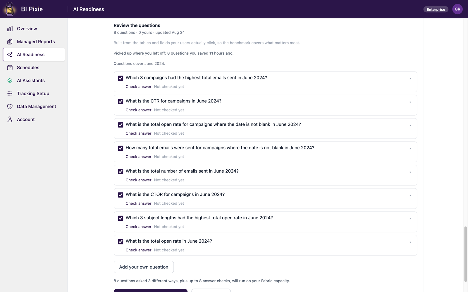 The Review the questions list, with each proposed question and a control to check its correct answer