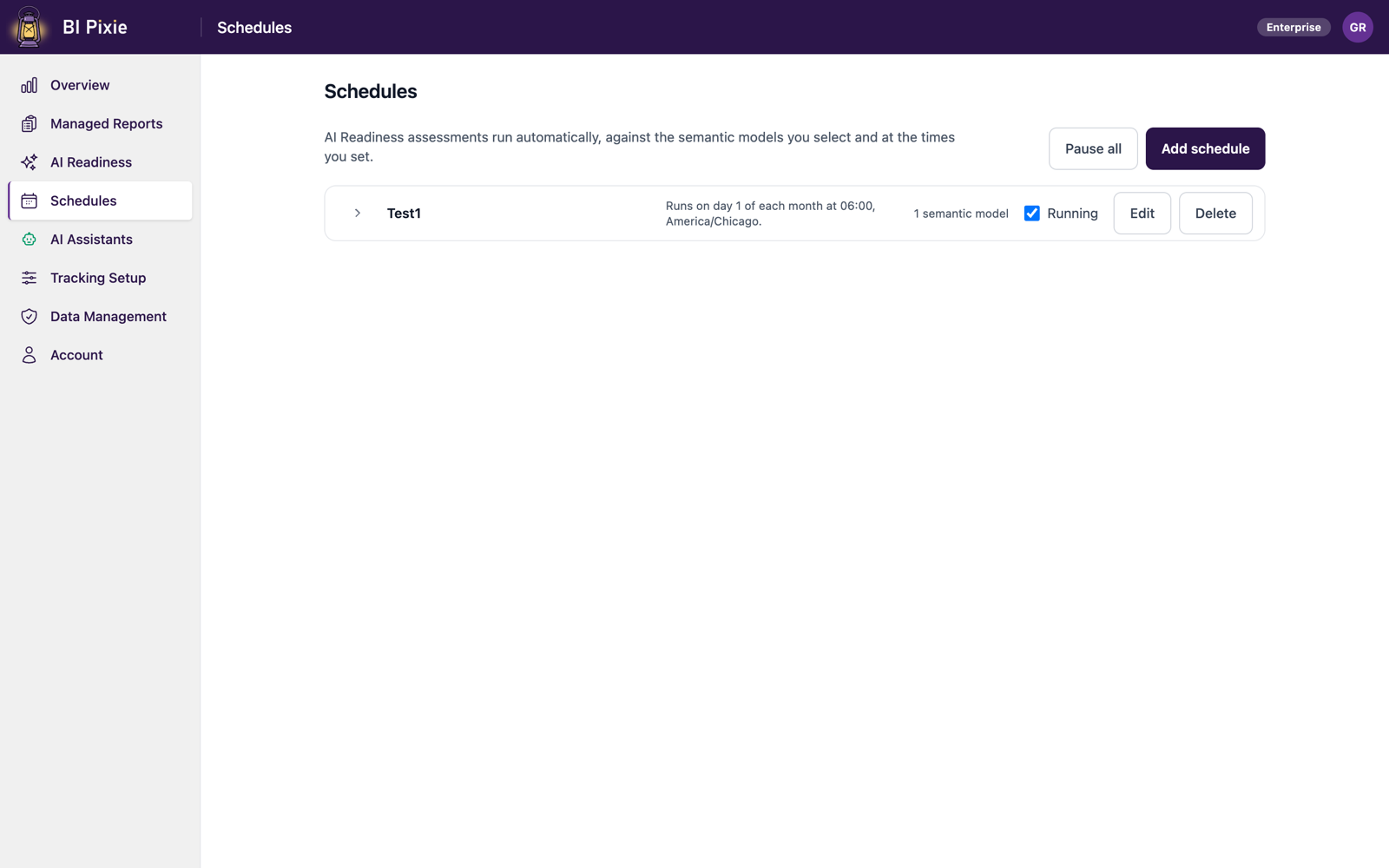 The Schedules page listing the assessments that run automatically and the semantic models each one covers