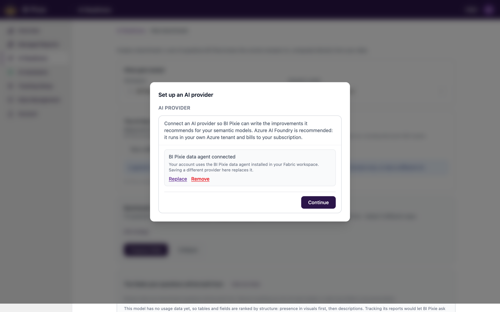 The Set up an AI provider dialog showing the connected provider with options to replace or remove it