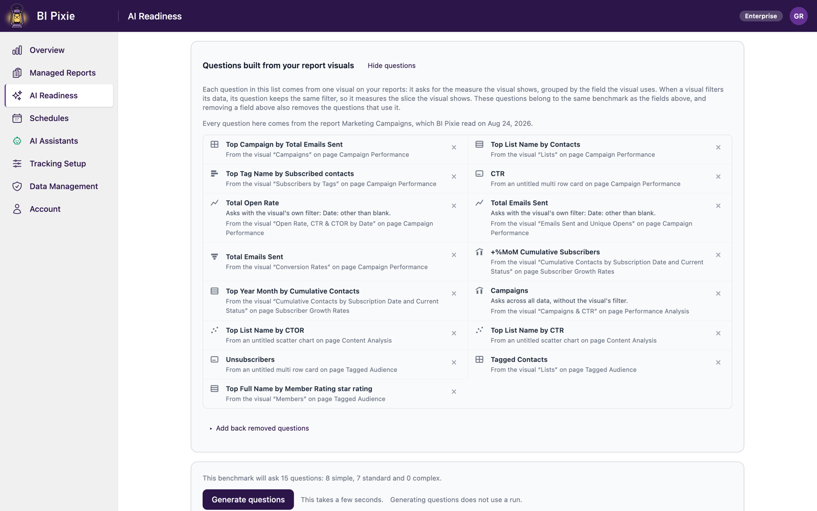 The questions built from report visuals, each naming the visual and report page it came from