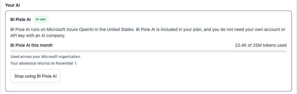 The Your AI row in AI setup, showing BI Pixie AI marked In use, this month's token meter, the date the allowance returns, and the Stop using BI Pixie AI button.