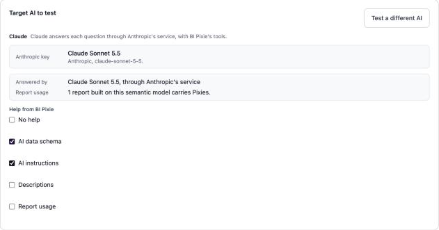 The Target AI to test card with Claude chosen. Under Answered by, the card names the Anthropic key and Claude Sonnet 5.5. Under Report usage, it says one report built on this semantic model carries Pixies. Under Help from BI Pixie, AI data schema and AI instructions are ticked.