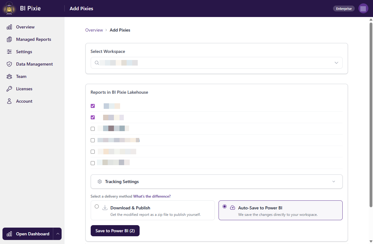 Add Pixies page showing workspace selection, report list with checkboxes, tracking settings, and delivery method options