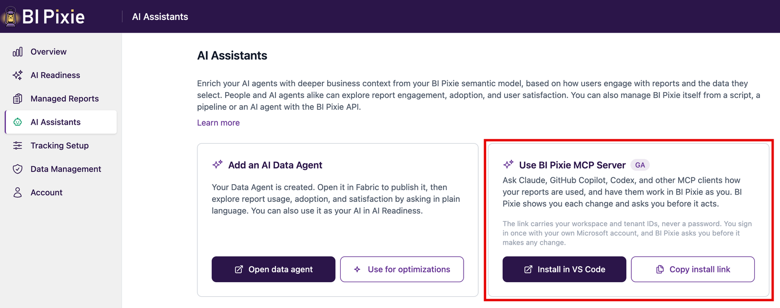 The Use BI Pixie MCP Server card on the AI Assistants page of BI Pixie, with a GA badge and the Install in VS Code and Copy install link buttons