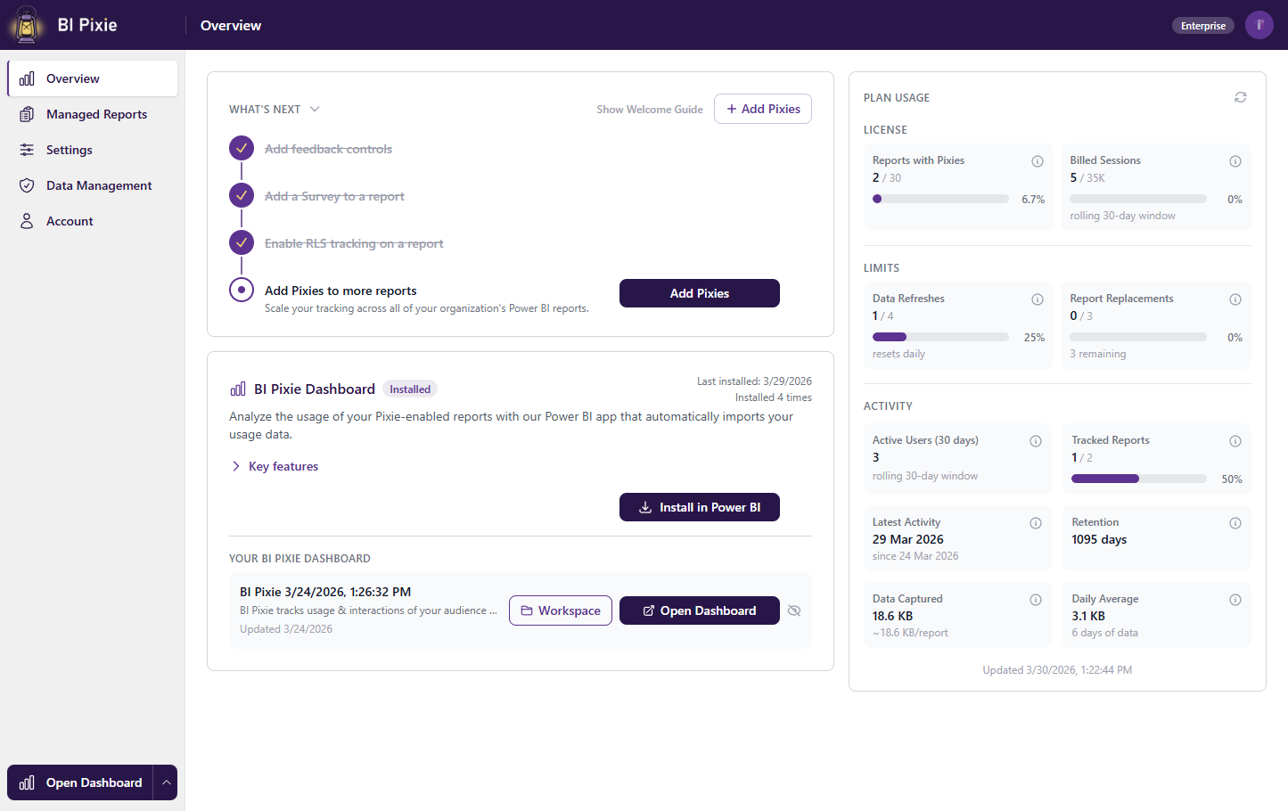 Overview page showing the Getting Started checklist and Plan Usage