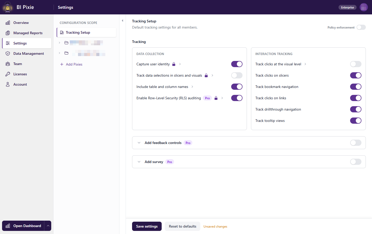 Settings page showing the three-level hierarchy and tracking configuration