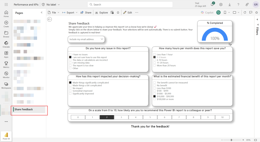 The embedded survey page as seen by end users in Power BI, showing all survey questions with slicer controls