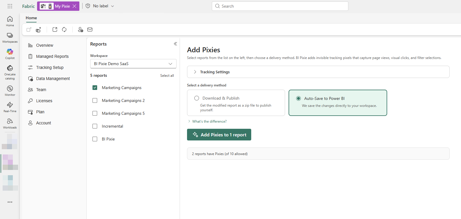 Adding Pixies to reports from inside the BI Pixie item, as it looked during the preview
