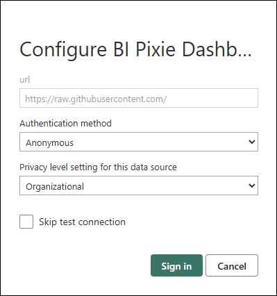Configure BI Pixie Dashboard credentials dialog showing the url field set to https://raw.githubusercontent.com/, Authentication method set to Anonymous, Privacy level setting set to Organizational, and a Sign in button.