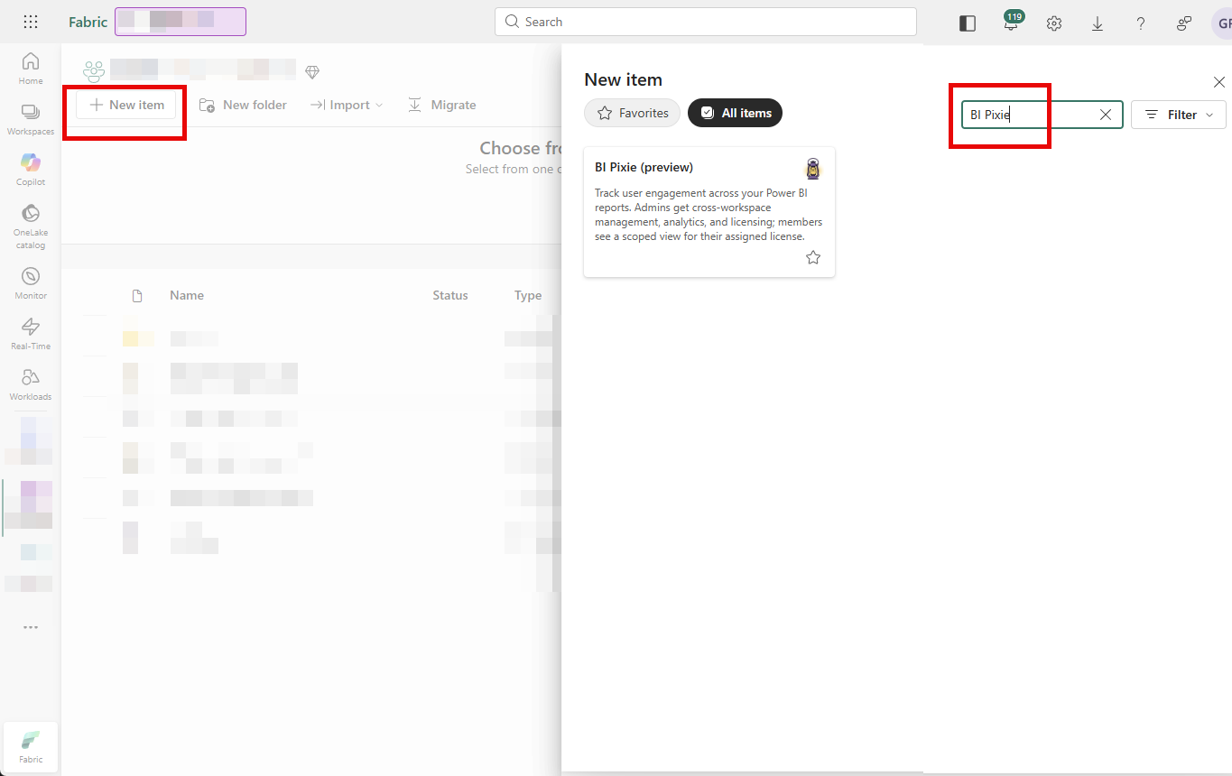 Creating a BI Pixie item from the Fabric workspace New menu