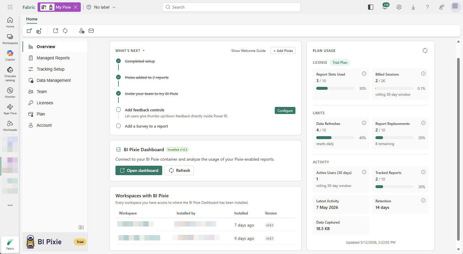 A BI Pixie item open inside a Microsoft Fabric workspace as it looked at private preview in May 2026, showing the Overview view with a getting-started checklist, the BI Pixie Dashboard card, and a plan usage panel.