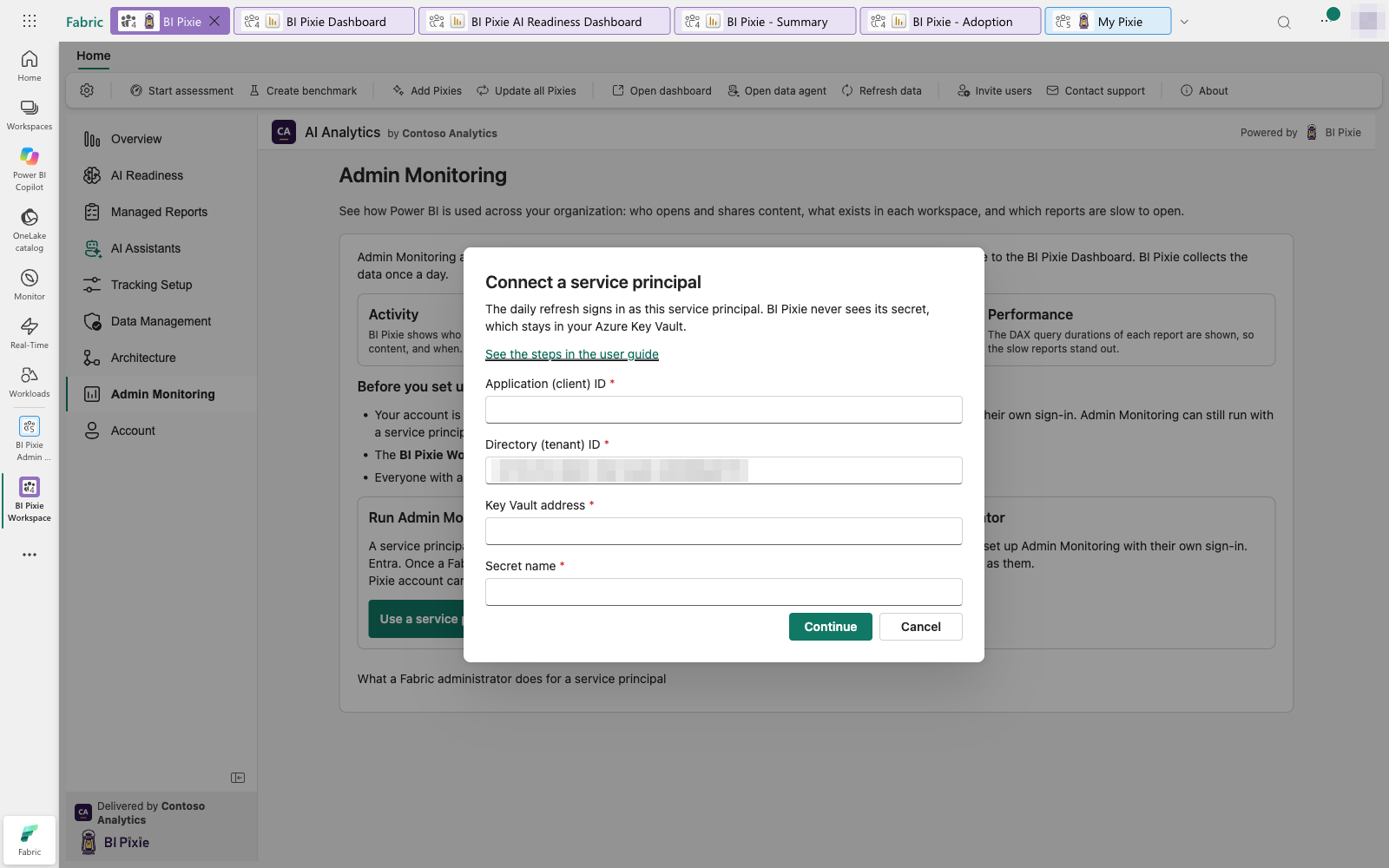The Connect a service principal dialog over the Admin Monitoring page. It asks for the application (client) ID, the directory (tenant) ID, the Key Vault address and the secret name, with Continue and Cancel buttons.
