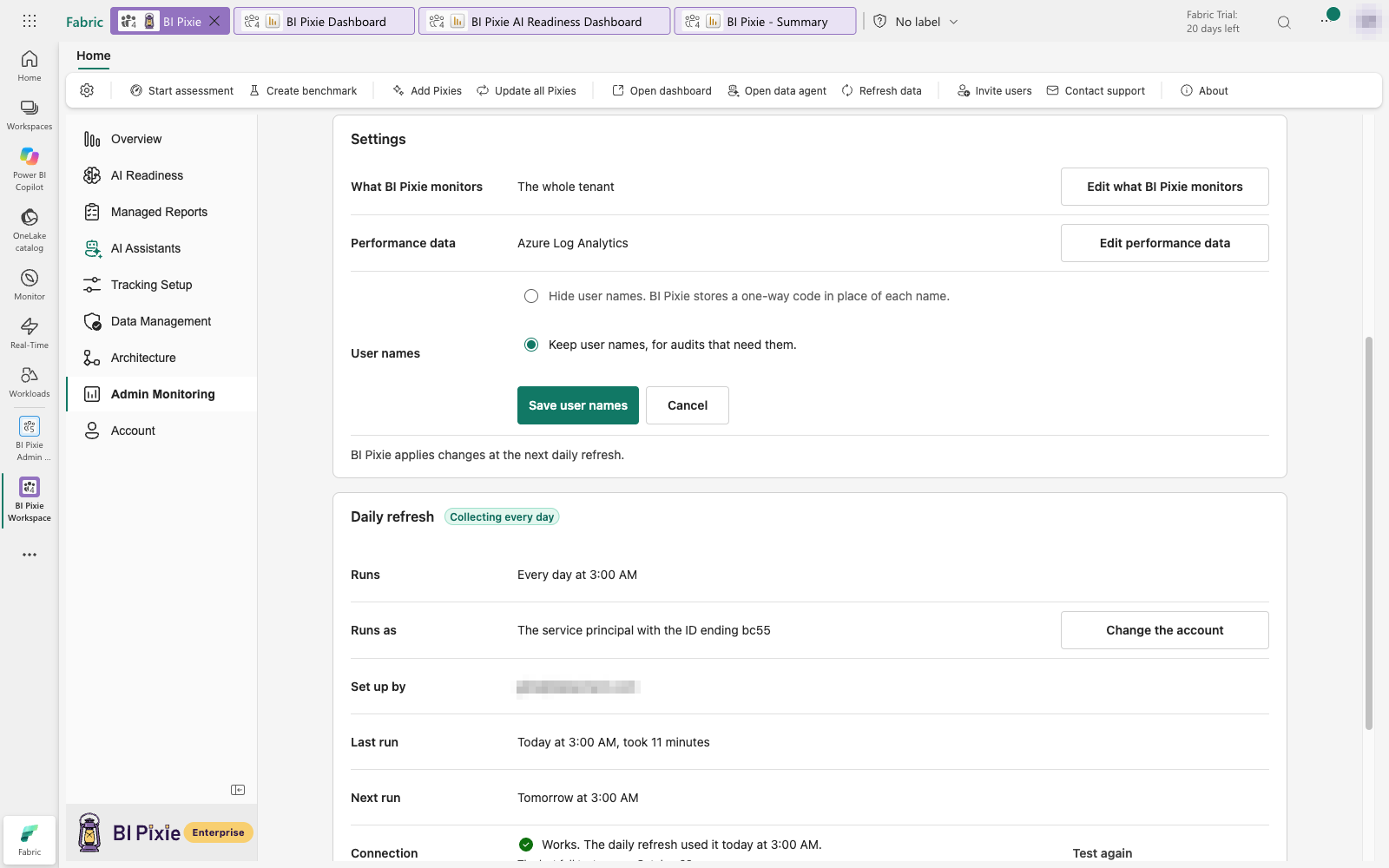 Editing User names, with a choice between hiding user names and keeping them, and the Save user names and Cancel buttons.
