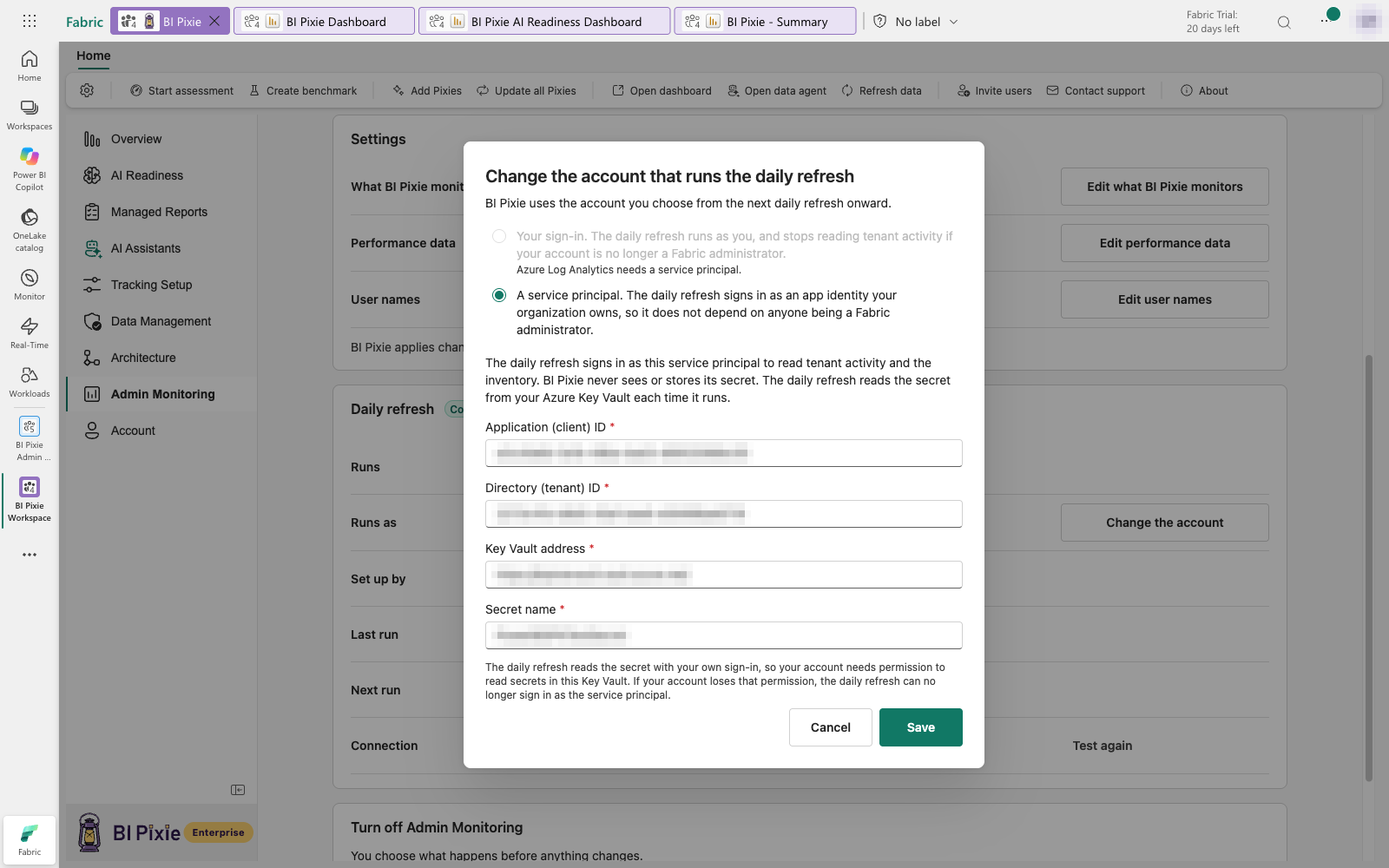 The dialog Change the account that runs the daily refresh with A service principal selected. It holds the application (client) ID, the directory (tenant) ID, the Key Vault address and the secret name of the service principal the daily refresh uses now.
