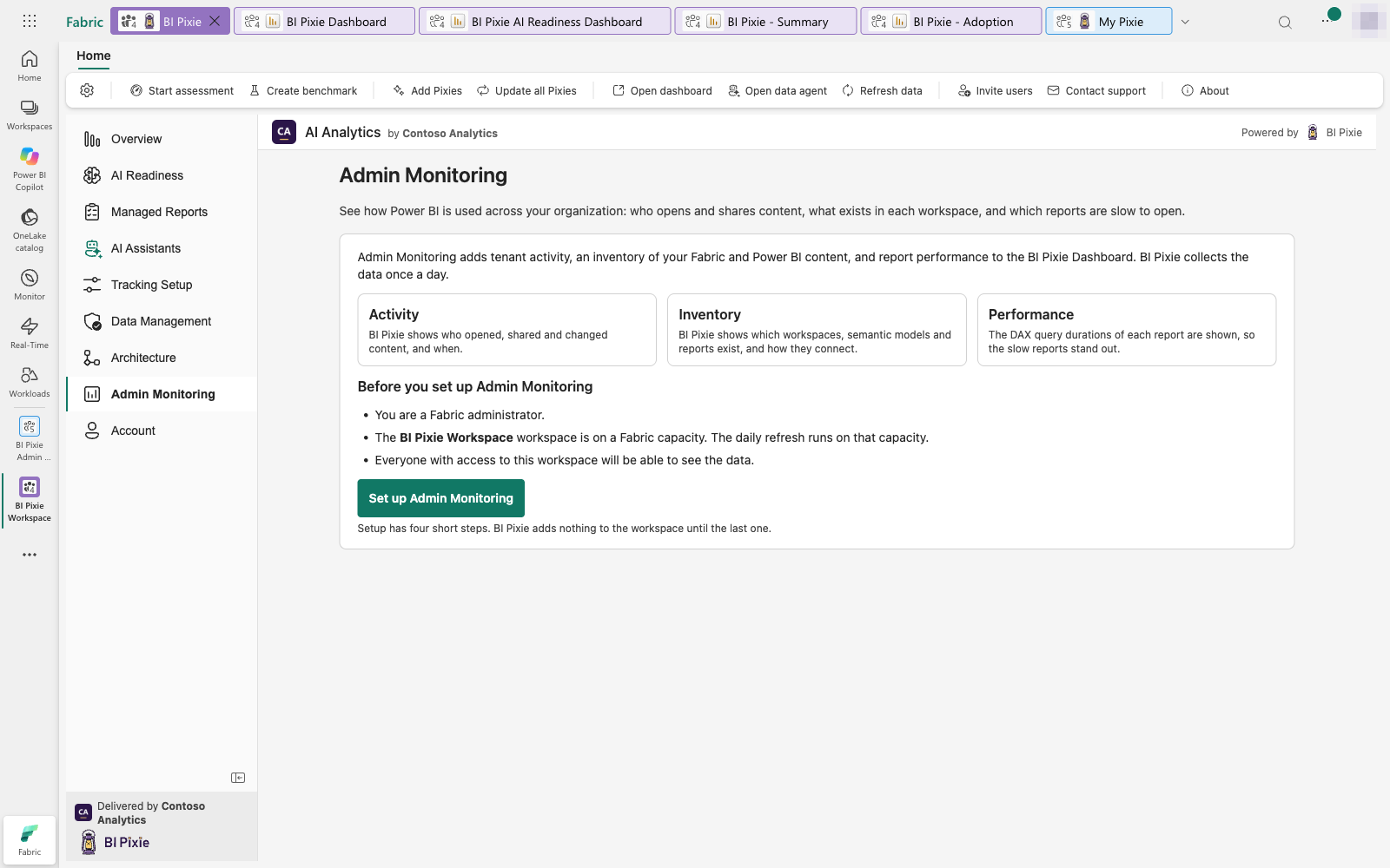 The Admin Monitoring page before setup. Three cards describe Activity, Inventory and Performance, a list under Before you set up Admin Monitoring names the requirements, and the Set up Admin Monitoring button sits below it.