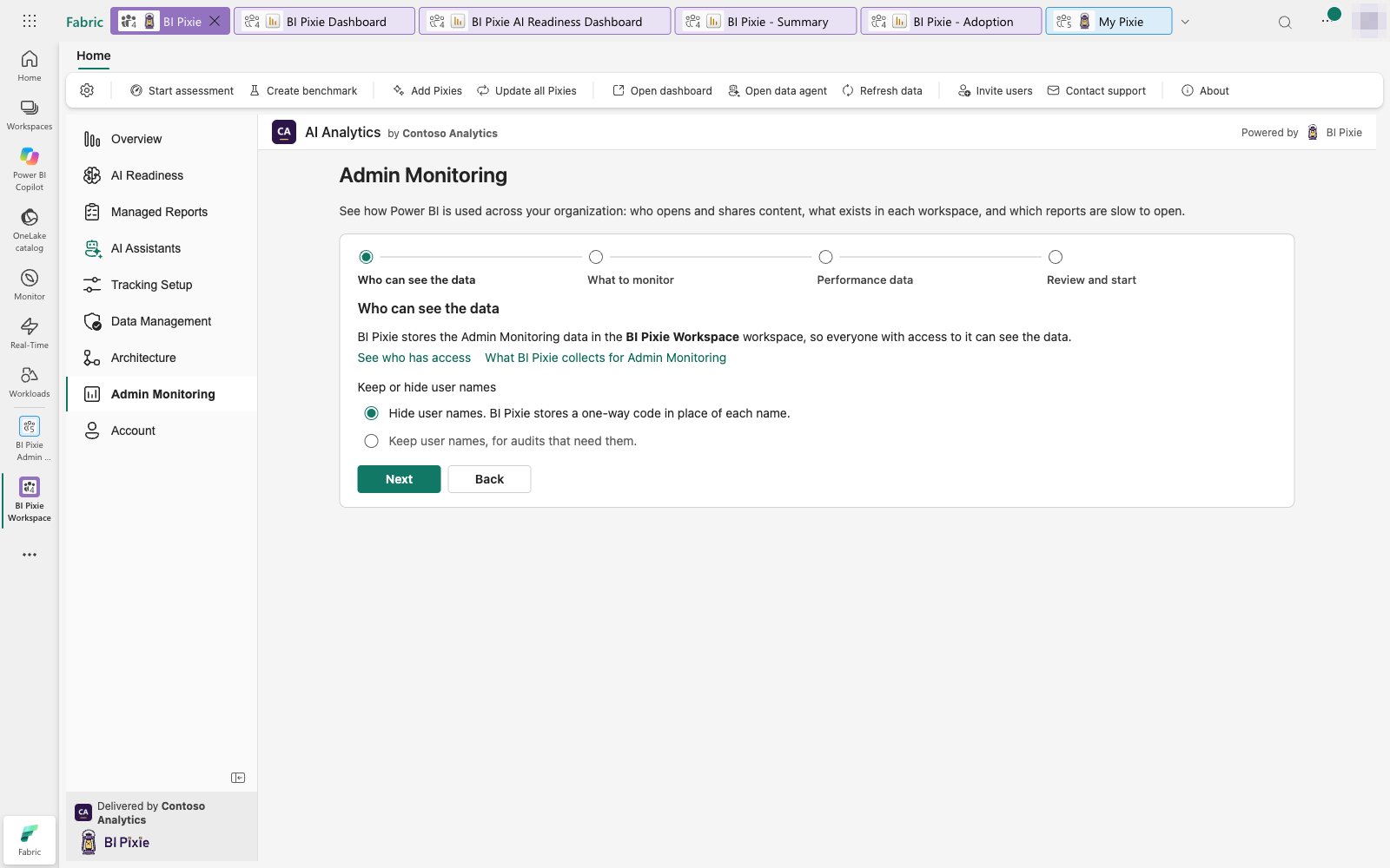 Setup step 1, Who can see the data. The step explains that everyone with access to the workspace can see the data, offers See who has access, and asks whether to hide or keep user names.