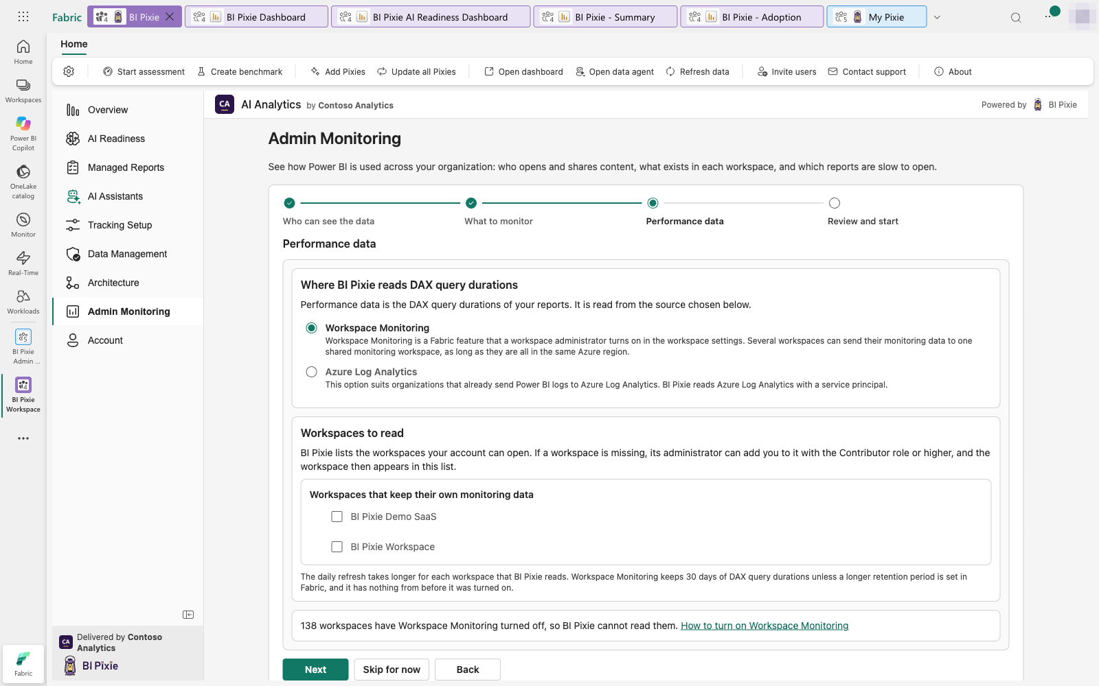 Setup step 3, Performance data, with Workspace Monitoring chosen. Under Workspaces to read, the workspaces are listed with a check box each, and a line counts the workspaces that have Workspace Monitoring turned off.