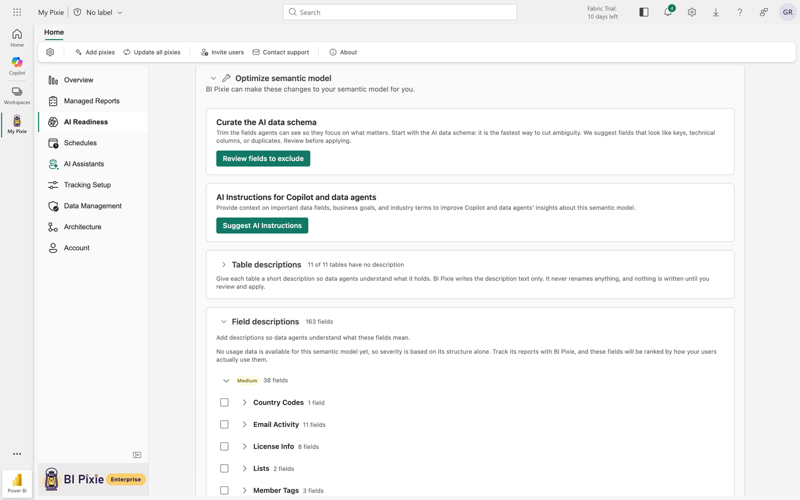 The Optimize semantic model panel in the BI Pixie Workload for Microsoft Fabric, introduced by the line BI Pixie can make these changes to your semantic model for you. Cards offer Curate the AI data schema with a Review fields to exclude button, AI Instructions for Copilot and data agents with a Suggest AI Instructions button, Table descriptions noting eleven of eleven tables have no description, and Field descriptions covering 163 fields, grouped by severity with a checkbox on each table.