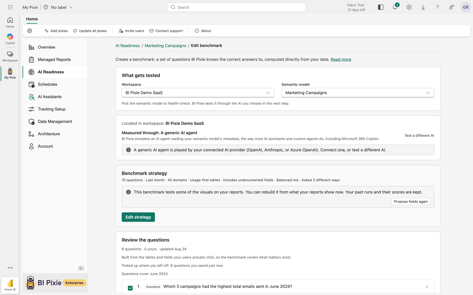 The benchmark editor showing what gets tested, the AI that answers the questions, the strategy summary, and the saved questions