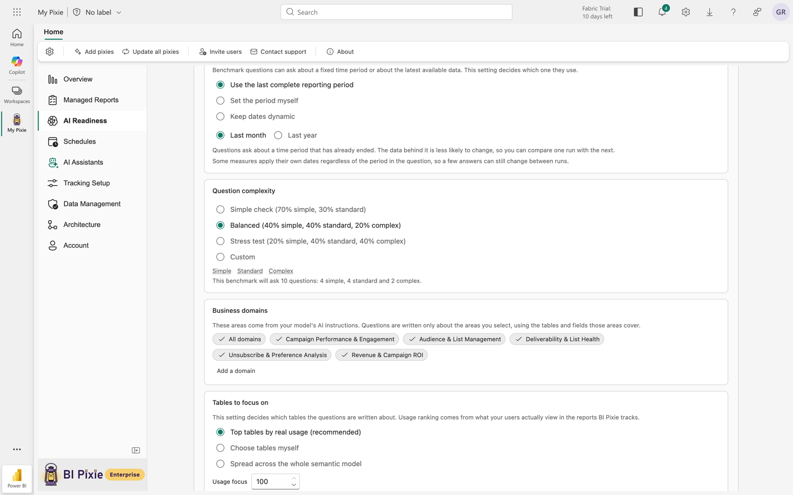 The rest of the benchmark strategy panel: the Reporting period setting with Use the last complete reporting period and a Last month period size, Question complexity with Balanced selected, Business domains listing the areas read from the semantic model's AI Instructions, and Tables to focus on set to Top tables by real usage