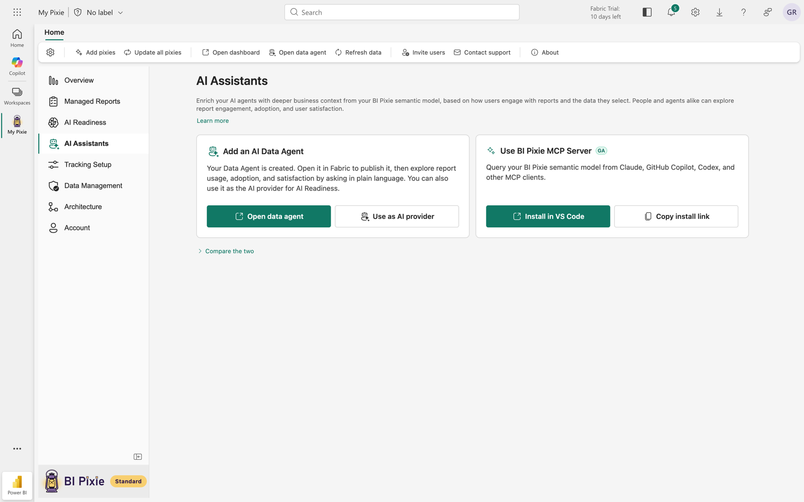 The AI Assistants page of a BI Pixie item in Microsoft Fabric, opened from the left sidebar. It shows the page intro and a Learn more link above two cards. Add an AI Data Agent describes the Data Agent created for you and offers Open data agent and Use as AI provider. Use BI Pixie MCP Server carries a GA badge and offers Install in VS Code and Copy install link, so you can query your BI Pixie semantic model from Claude, GitHub Copilot, Codex, and other MCP clients. A Compare the two link sits below both cards.