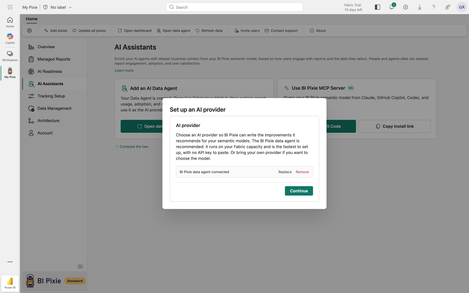 The Set up an AI provider dialog showing the connected provider with options to replace or remove it