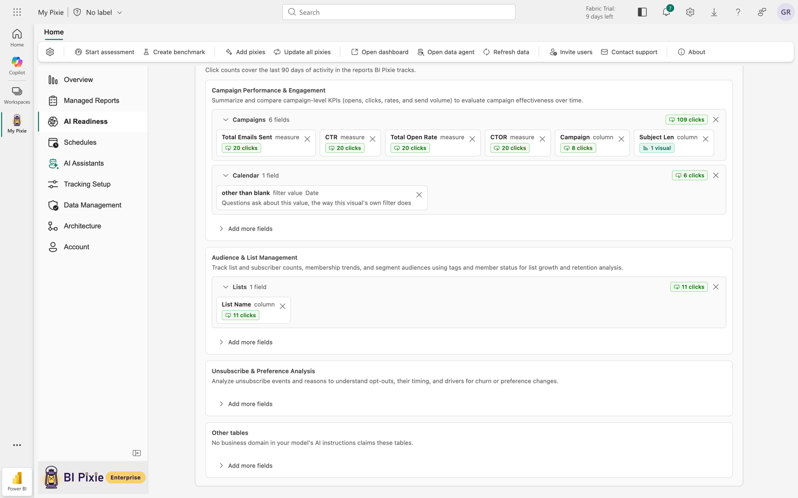 The fields a benchmark's questions will be built from, in the BI Pixie Workload for Microsoft Fabric. Notices say the benchmark leaves out 21 fields that the AI data schema hides from agents, includes 10 questions built from fields on your report visuals, and covers June 2024. Below, the fields are grouped by business domain and table: Campaign Performance and Engagement holds Campaigns with five fields and Calendar with two, and Audience and List Management holds Members and Lists with four fields and Lists with one. Each measure and column is a chip, and the described ones carry a Described mark.