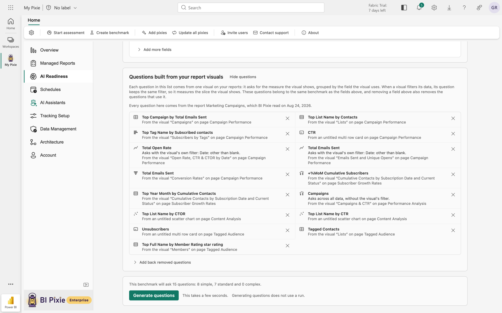 The questions built from report visuals, in two columns, each naming the visual and the report page it came from, with a note that every question comes from the report Marketing Campaigns. Some rows add that the question asks with the visual's own filter, and others that it asks across all data without it. A footer reads that the benchmark will ask 15 questions, 8 simple, 7 standard and 0 complex, above a Generate questions button.