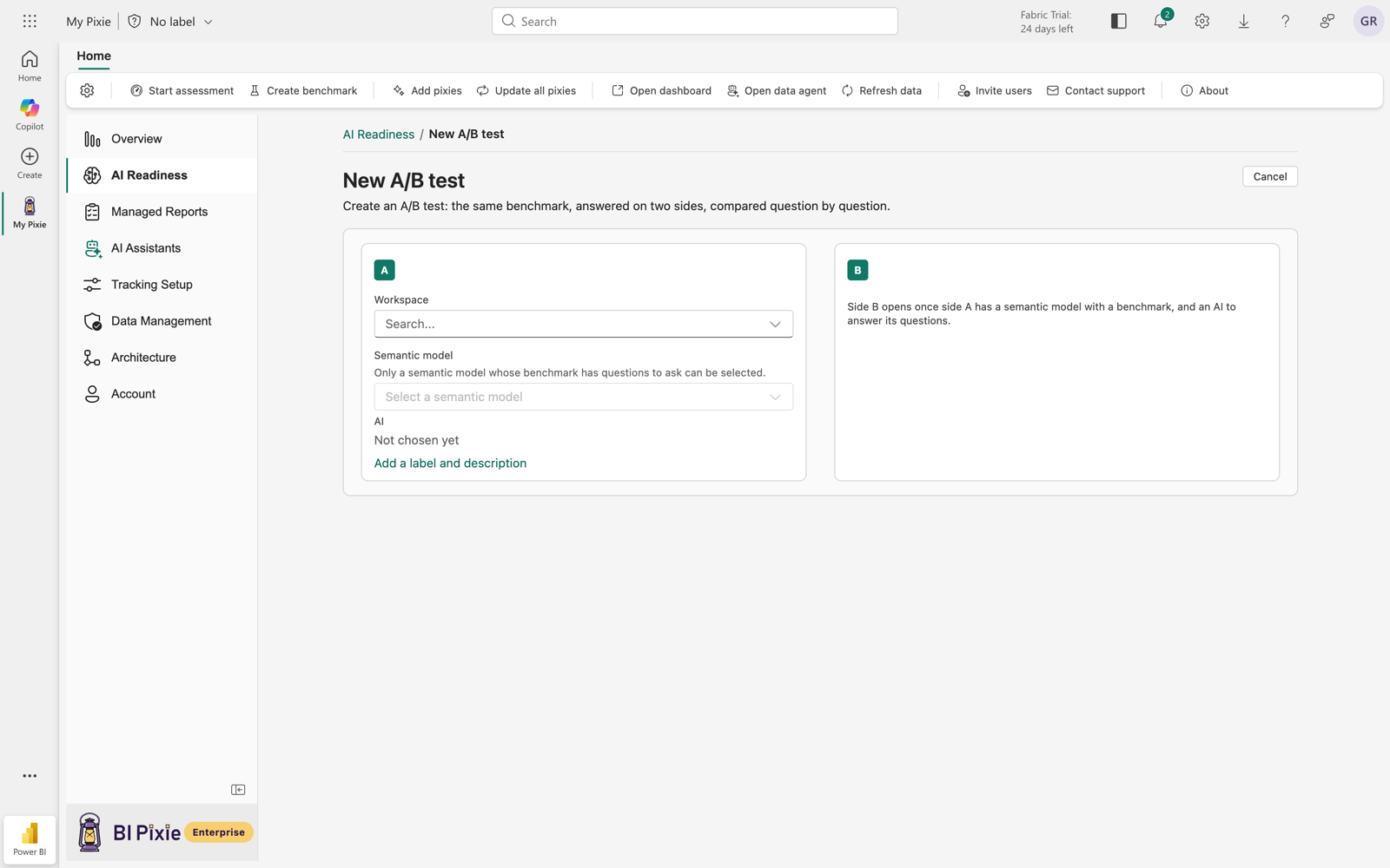 The New A/B test screen as it opens. Side A asks for a workspace and a semantic model, notes that only a semantic model whose benchmark has questions to ask can be selected, and shows that no AI is chosen yet. Side B reads Side B opens once side A has a semantic model with a benchmark, and an AI to answer its questions.