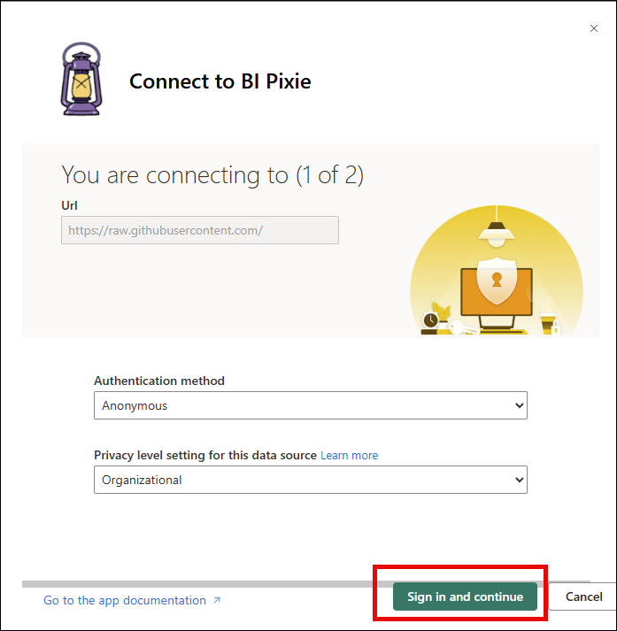 Connect to BI Pixie dialog step 1 of 2 with URL and Anonymous authentication
