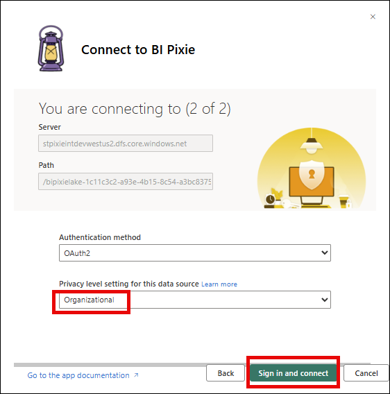 Connect to BI Pixie dialog step 2 of 2 with Server, Path, and OAuth2 authentication